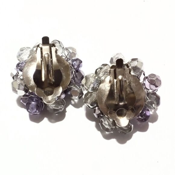Vintage Mid Century Purple Crystal Cluster Clip Earrings - Picture 5 of 5